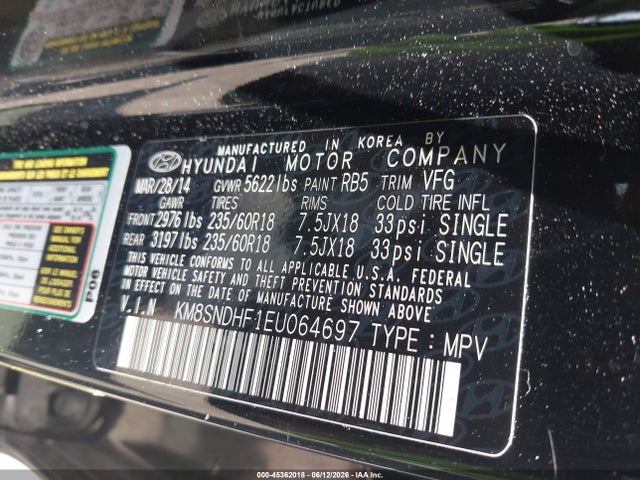 2014 Hyundai Santa Fe Gls მანქანა იყიდება აუქციონზე, vin: KM8SNDHF1EU064697, აუქციონის ნომერი: 45362018
