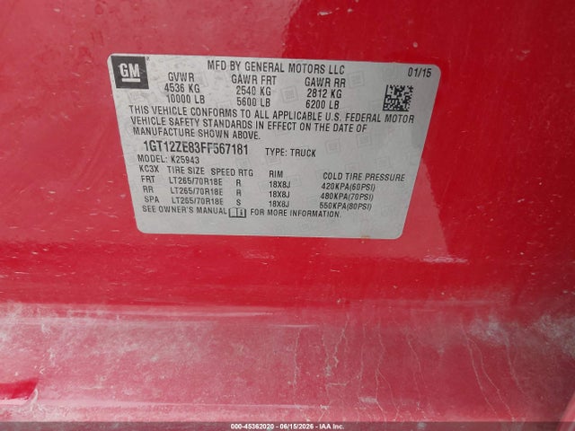 Aukcja sprzedaży 2015 Gmc Sierra 2500hd Slt, vin: 1GT12ZE83FF567181, numer aukcji: 45362020