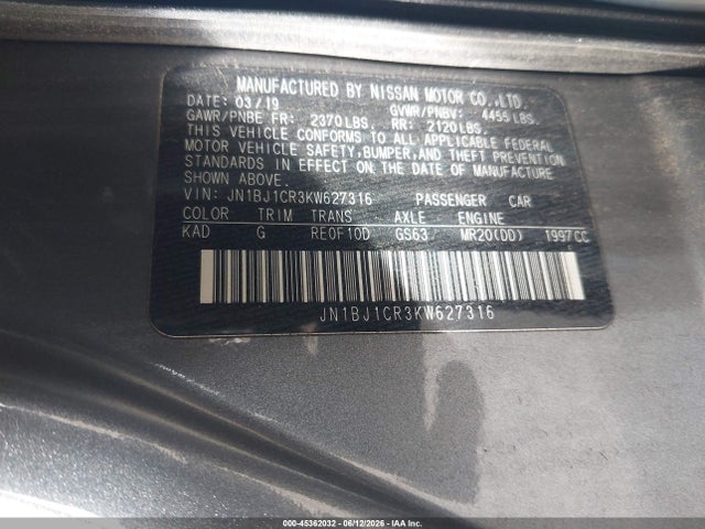 Auction sale of the 2019 Nissan Rogue Sport S, vin: JN1BJ1CR3KW627316, lot number: 45362032