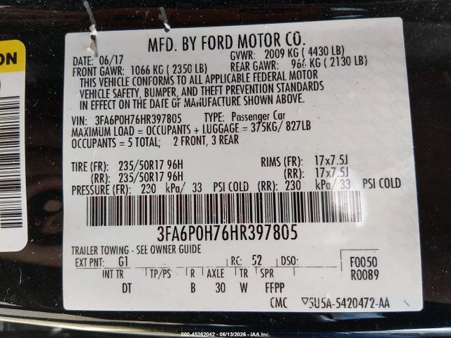 Продажа на аукционе авто 2017 Ford Fusion Se, vin: 3FA6P0H76HR397805, номер лота: 45362042