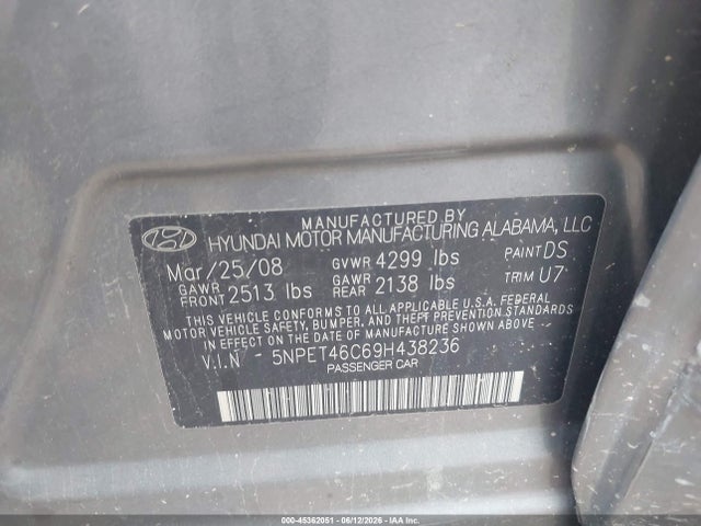 Auction sale of the 2009 Hyundai Sonata Gls, vin: 5NPET46C69H438236, lot number: 45362051