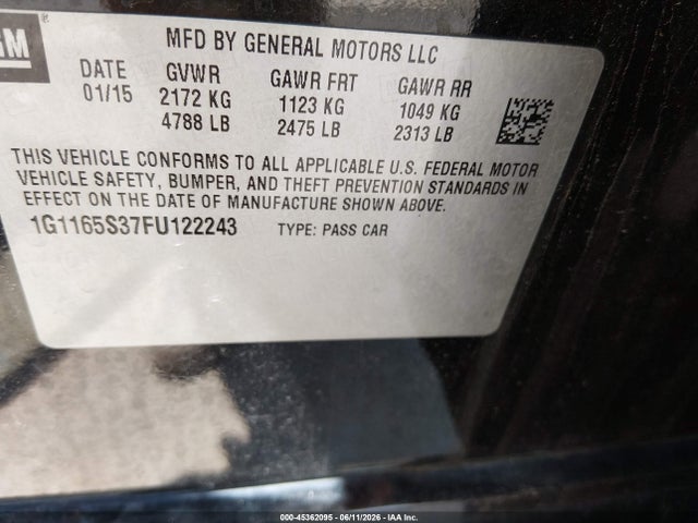 Chevrolet IMPALA 2LZ 2015 1G1165S37FU122243 Image 9