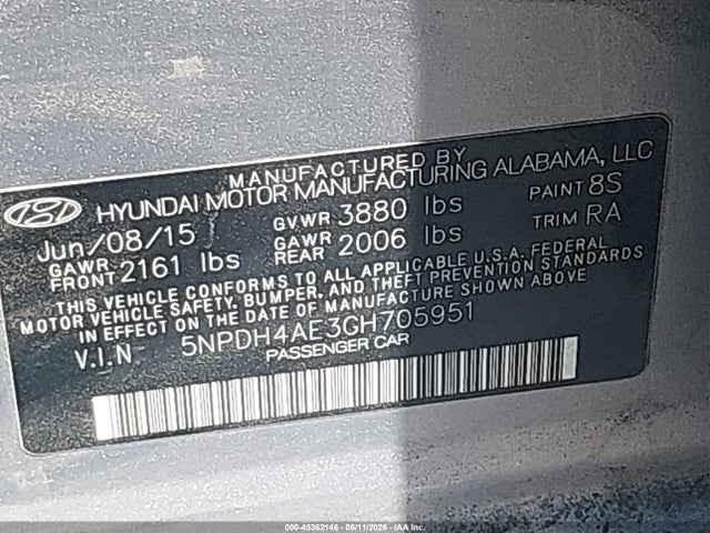 Aukcja sprzedaży 2016 Hyundai Elantra Se, vin: 5NPDH4AE3GH705951, numer aukcji: 45362146