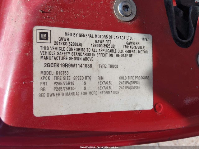 Продаж на аукціоні авто 1998 Chevrolet C/k 1500 Fleetside, vin: 2GCEK19R9W1141038, номер лоту: 45362154