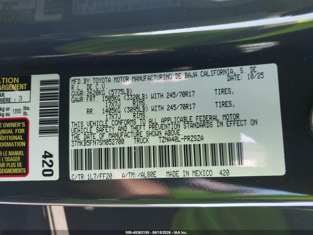 Продаж на аукціоні авто 2025 Toyota Tacoma 2wd Sr5, vin: 3TMKB5FN7SM052700, номер лоту: 45362155