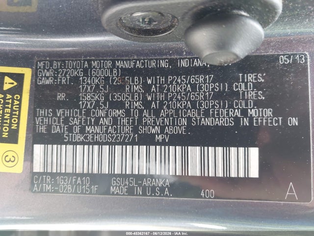 2013 Toyota Highlander Base Plus V6 მანქანა იყიდება აუქციონზე, vin: 5TDBK3EH0DS237271, აუქციონის ნომერი: 45362167