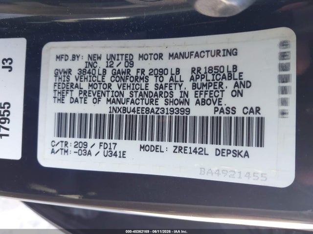 2010 Toyota Corolla S მანქანა იყიდება აუქციონზე, vin: 1NXBU4EE8AZ319399, აუქციონის ნომერი: 45362169