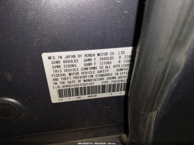 2007 Acura Rl 3.5 მანქანა იყიდება აუქციონზე, vin: JH4KB16697C001207, აუქციონის ნომერი: 45362175