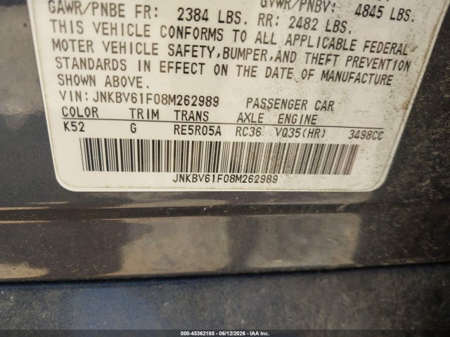 Продаж на аукціоні авто 2008 Infiniti G35x, vin: JNKBV61F08M262989, номер лоту: 45362185