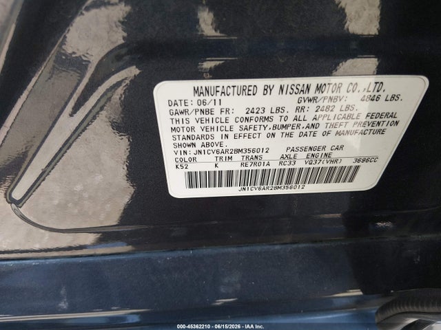 2011 Infiniti G37x მანქანა იყიდება აუქციონზე, vin: JN1CV6AR2BM356012, აუქციონის ნომერი: 45362210