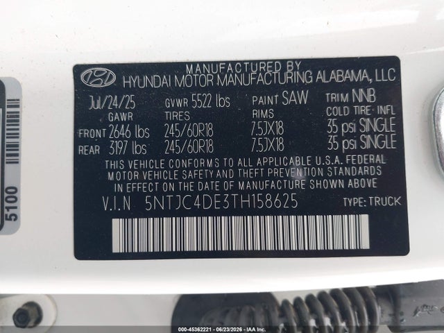 Auction sale of the 2026 Hyundai Santa Cruz Sel Activity, vin: 5NTJC4DE3TH158625, lot number: 45362221
