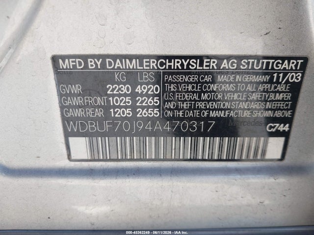 Продажа на аукционе авто 2004 Mercedes-benz E 500, vin: WDBUF70J94A470317, номер лота: 45362249