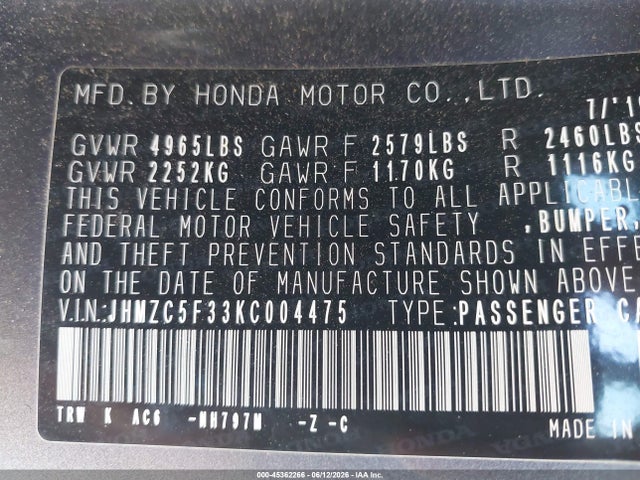 Auction sale of the 2019 Honda Clarity Plug-in Hybrid Touring, vin: JHMZC5F33KC004475, lot number: 45362266