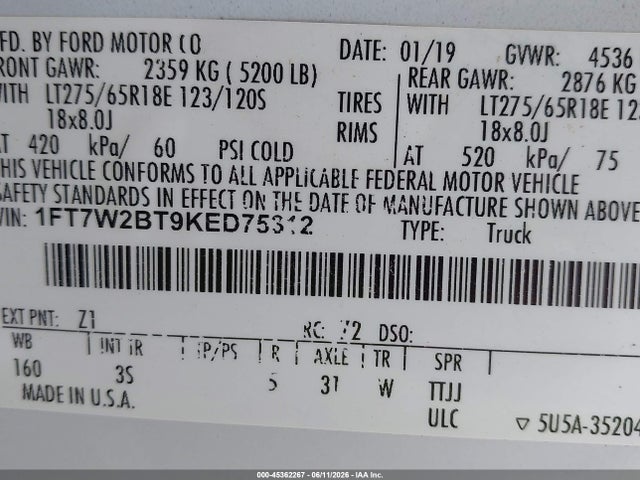 Aukcja sprzedaży 2019 Ford F-250 Xlt, vin: 1FT7W2BT9KED75312, numer aukcji: 45362267