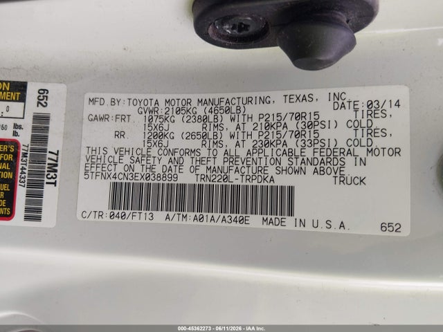 2014 Toyota Tacoma მანქანა იყიდება აუქციონზე, vin: 5TFNX4CN3EX038899, აუქციონის ნომერი: 45362273