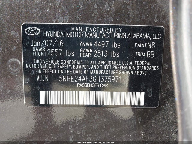 Продаж на аукціоні авто 2016 Hyundai Sonata Se, vin: 5NPE24AF3GH375971, номер лоту: 45362290
