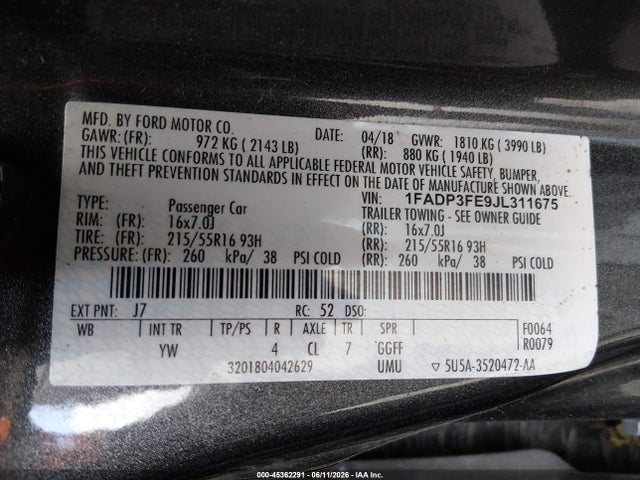 Aukcja sprzedaży 2018 Ford Focus Se, vin: 1FADP3FE9JL311675, numer aukcji: 45362291