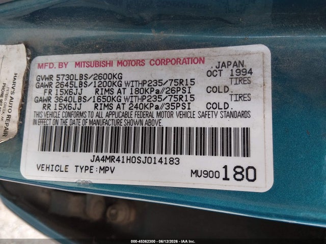 Auction sale of the 1995 Mitsubishi Montero Ls, vin: JA4MR41H0SJ014183, lot number: 45362300