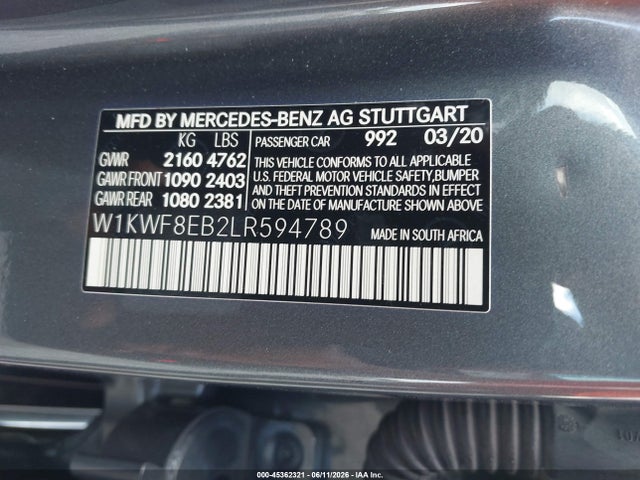 45362321 :رقم المزاد ، W1KWF8EB2LR594789 vin ، 2020 Mercedes-benz C 300 4matic مزاد بيع