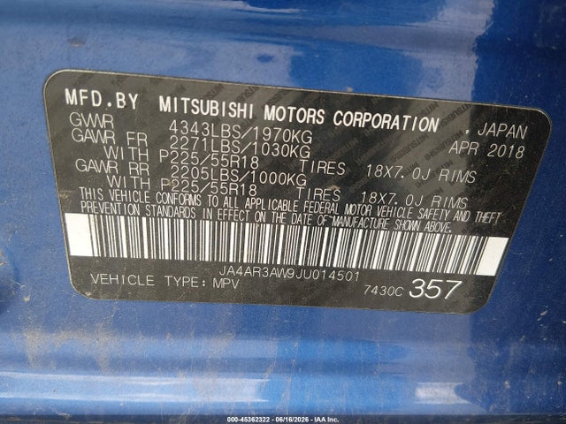 Aukcja sprzedaży 2018 Mitsubishi Outlander Sport 2.4 Se, vin: JA4AR3AW9JU014501, numer aukcji: 45362322