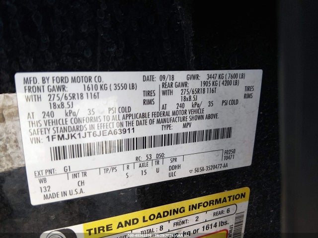 45362339 :رقم المزاد ، 1FMJK1JT6JEA63911 vin ، 2018 Ford Expedition Max Xlt مزاد بيع