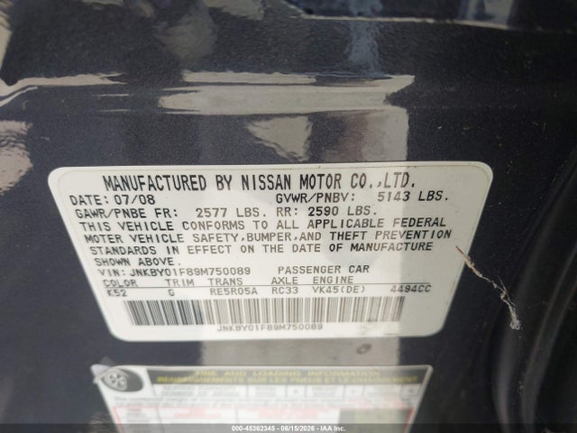 Aukcja sprzedaży 2009 Infiniti M45x, vin: JNKBY01F89M750089, numer aukcji: 45362345