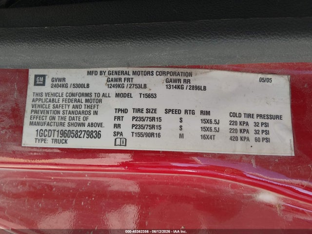 45362356 :رقم المزاد ، 1GCDT196058279836 vin ، 2005 Chevrolet Colorado Ls مزاد بيع