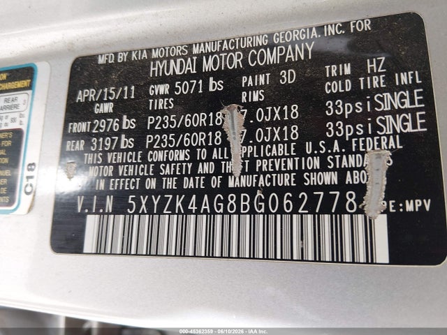 Aukcja sprzedaży 2011 Hyundai Santa Fe Limited V6, vin: 5XYZK4AG8BG062778, numer aukcji: 45362359