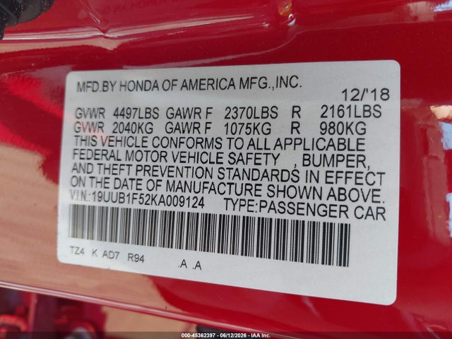 Продаж на аукціоні авто 2019 Acura Tlx Tech Pkg, vin: 19UUB1F52KA009124, номер лоту: 45362397