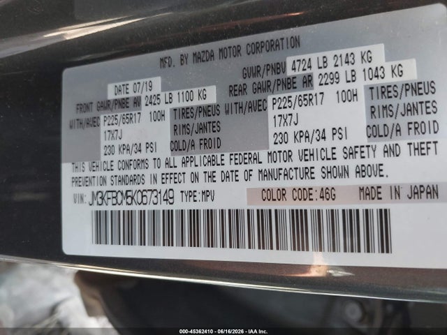 Aukcja sprzedaży 2019 Mazda Cx-5 Touring, vin: JM3KFBCM5K0673149, numer aukcji: 45362410