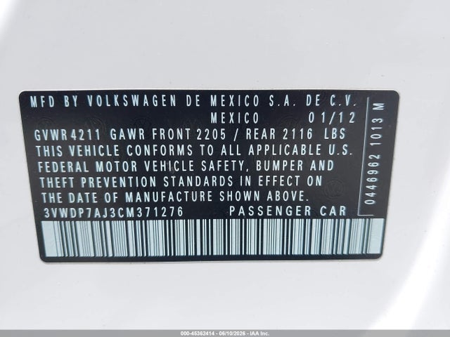 Aukcja sprzedaży 2012 Volkswagen Jetta 2.5l Se, vin: 3VWDP7AJ3CM371276, numer aukcji: 45362414