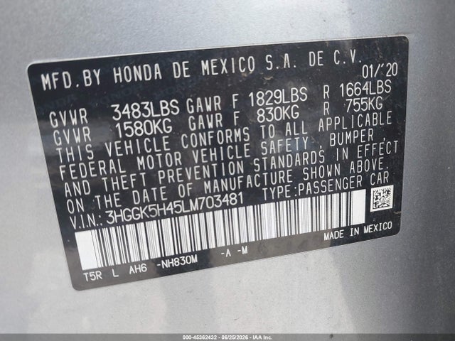 Продаж на аукціоні авто 2020 Honda Fit Lx, vin: 3HGGK5H45LM703481, номер лоту: 45362432