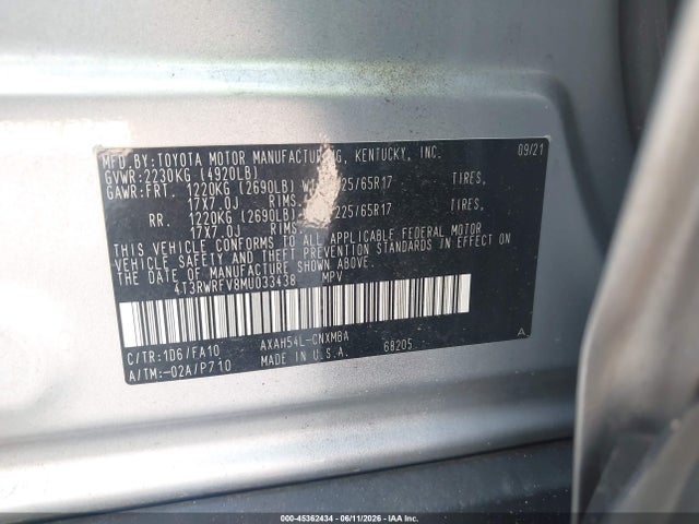 4T3RWRFV8MU033438 Toyota Rav4 Hybrid Xle
