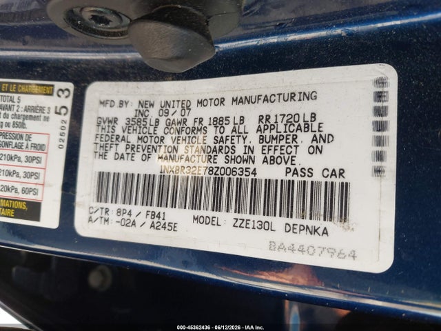 2008 Toyota Corolla Le მანქანა იყიდება აუქციონზე, vin: 1NXBR32E78Z006354, აუქციონის ნომერი: 45362436