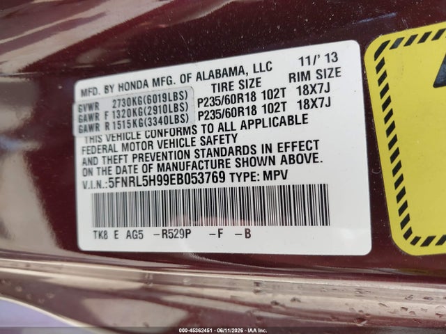5FNRL5H99EB053769 Honda Odyssey Touring/touring Elite