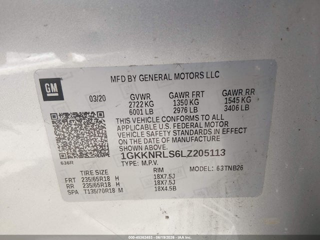 Aukcja sprzedaży 2020 Gmc Acadia Fwd Sle, vin: 1GKKNRLS6LZ205113, numer aukcji: 45362453