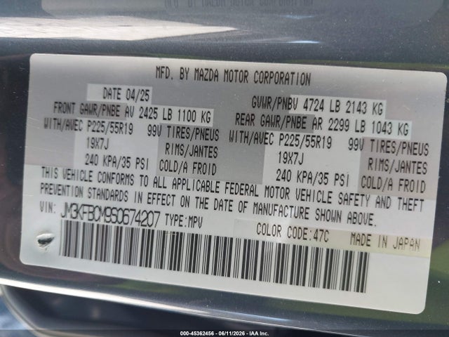 45362456 :رقم المزاد ، JM3KFBCM9S0674207 vin ، 2025 Mazda Cx-5 2.5 S Carbon Edition مزاد بيع