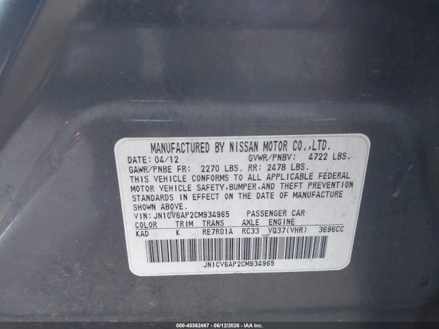 Продажа на аукционе авто 2012 Infiniti G37 Journey, vin: JN1CV6AP2CM934965, номер лота: 45362467