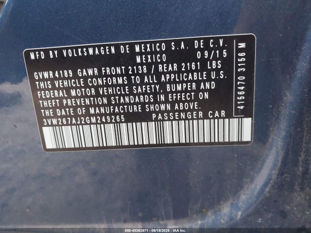 2016 Volkswagen Jetta 1.4t S მანქანა იყიდება აუქციონზე, vin: 3VW267AJ2GM249265, აუქციონის ნომერი: 45362471