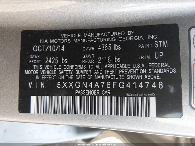 KIA OPTIMA EX 2015 5XXGN4A76FG414748 Image 9