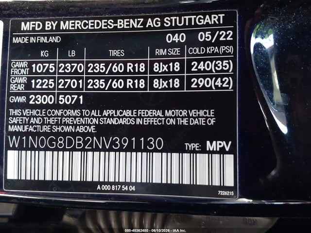 Aukcja sprzedaży 2022 Mercedes-benz Glc 300 Suv, vin: W1N0G8DB2NV391130, numer aukcji: 45362480