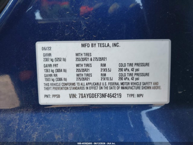 Продаж на аукціоні авто 2022 Tesla Model Y Performance Dual Motor All-wheel Drive, vin: 7SAYGDEF3NF464219, номер лоту: 45362485