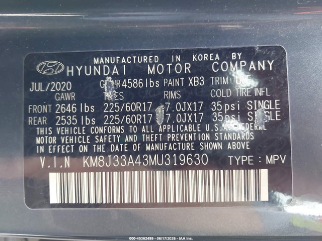 Продажа на аукционе авто 2021 Hyundai Tucson Value, vin: KM8J33A43MU319630, номер лота: 45362499