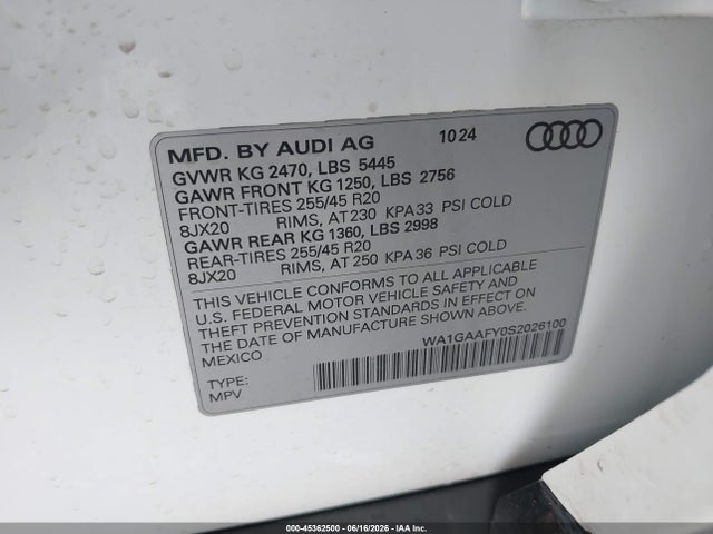 45362500 :رقم المزاد ، WA1GAAFY0S2026100 vin ، 2025 Audi Q5 Premium 45 Tfsi S Line Quattro مزاد بيع