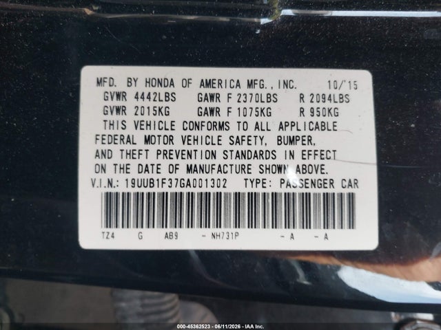 2016 Acura Tlx მანქანა იყიდება აუქციონზე, vin: 19UUB1F37GA001302, აუქციონის ნომერი: 45362523