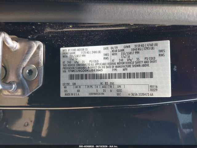 Ford ESCAPE SE 2019 1FMCU9GD0KUB83843 Image 9