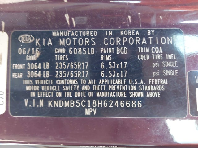 45362546 :رقم المزاد ، KNDMB5C18H6246686 vin ، 2017 Kia Sedona Lx مزاد بيع