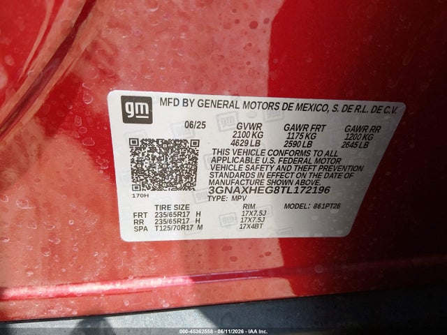 45362558 :رقم المزاد ، 3GNAXHEG8TL172196 vin ، 2026 Chevrolet Equinox Fwd Lt مزاد بيع