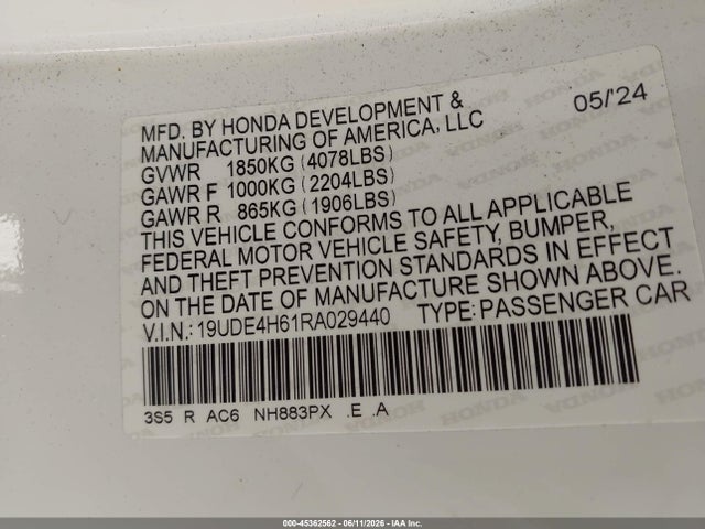 45362562 :رقم المزاد ، 19UDE4H61RA029440 vin ، 2024 Acura Integra A-spec Technology مزاد بيع