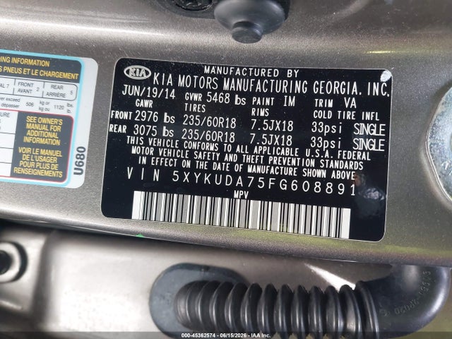 KIA Sorento Ex V6 2015 5XYKUDA75FG608891 Image 9